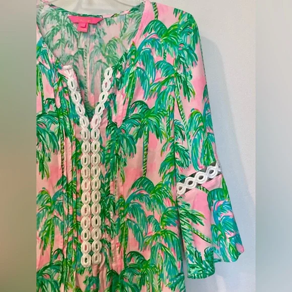 Lilly Pulitzer HOLLIE Tropical Pink & Green Palm Print Tunic Dress Sz M - Picture 2 of 5